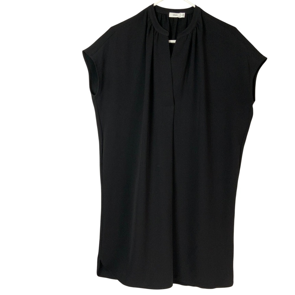 Vince Black Solid Mini Dress XS Pullover Split V-Neck Cap Sleeve Gathered Neck